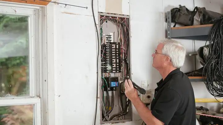 Électricien câblant un tableau électrique avec disjoncteurs modulaires