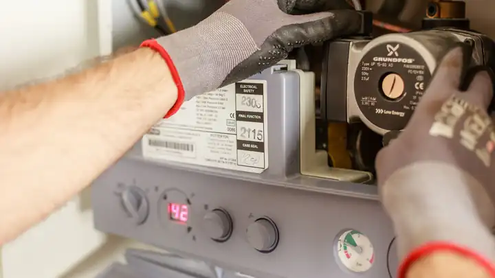 Chauffagiste réalisant l’entretien annuel d’une chaudière gaz murale