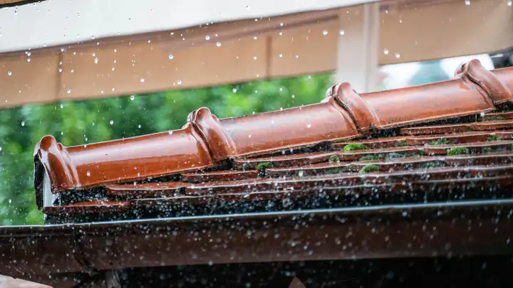 Tuiles de toiture et gouttière sous une forte pluie